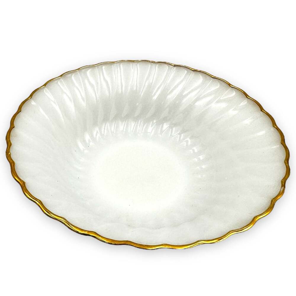 Vintage Anchor Hocking Golden Shell Milk Glass Swirl 8” Bowl
